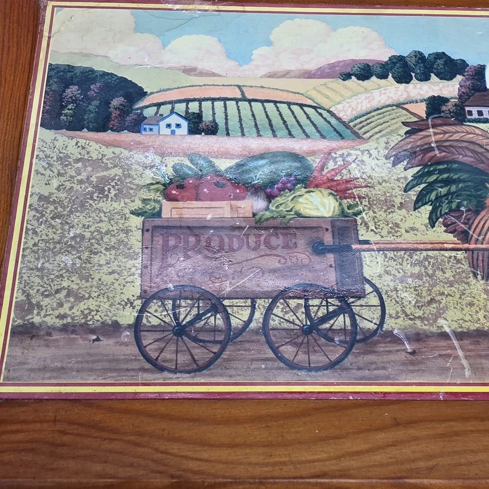 Vintage Wooden Tray Rooster Pulling Cart Farmhouse